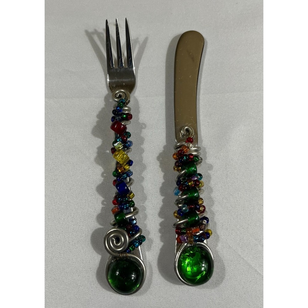 Vintage Dansk Beaded Wire Wrapped Cheese Fork Knife Spreaders Green Glass Boho